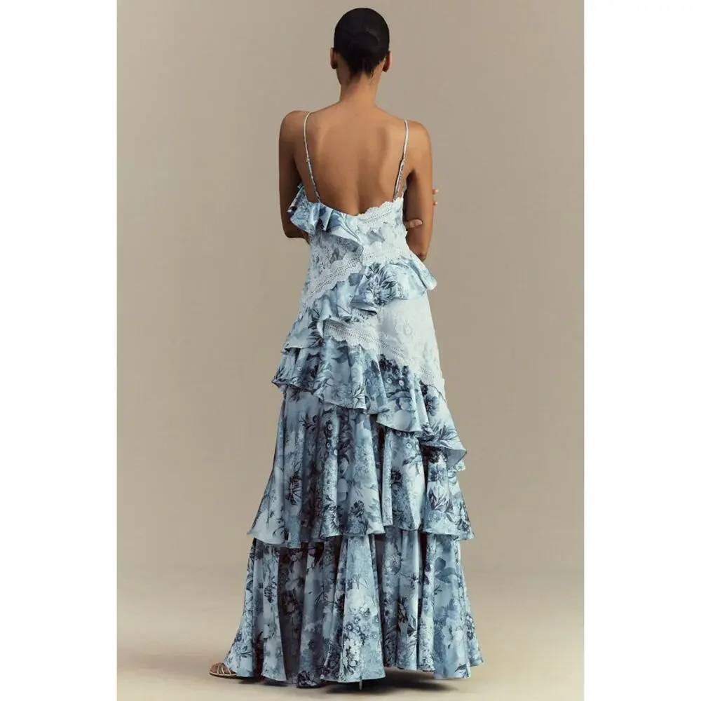 BHLDN Elora Sleeveless V-Neck Ruffle Lace Maxi Dress, Light Blue, EUC, Size 0